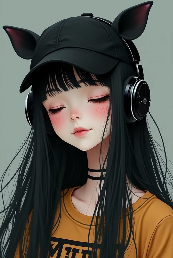 Female character with long black hair, black headphones, black cap with ears, one folded in half and the other standing up, her eyes closed and happy, emo shirt, white skin