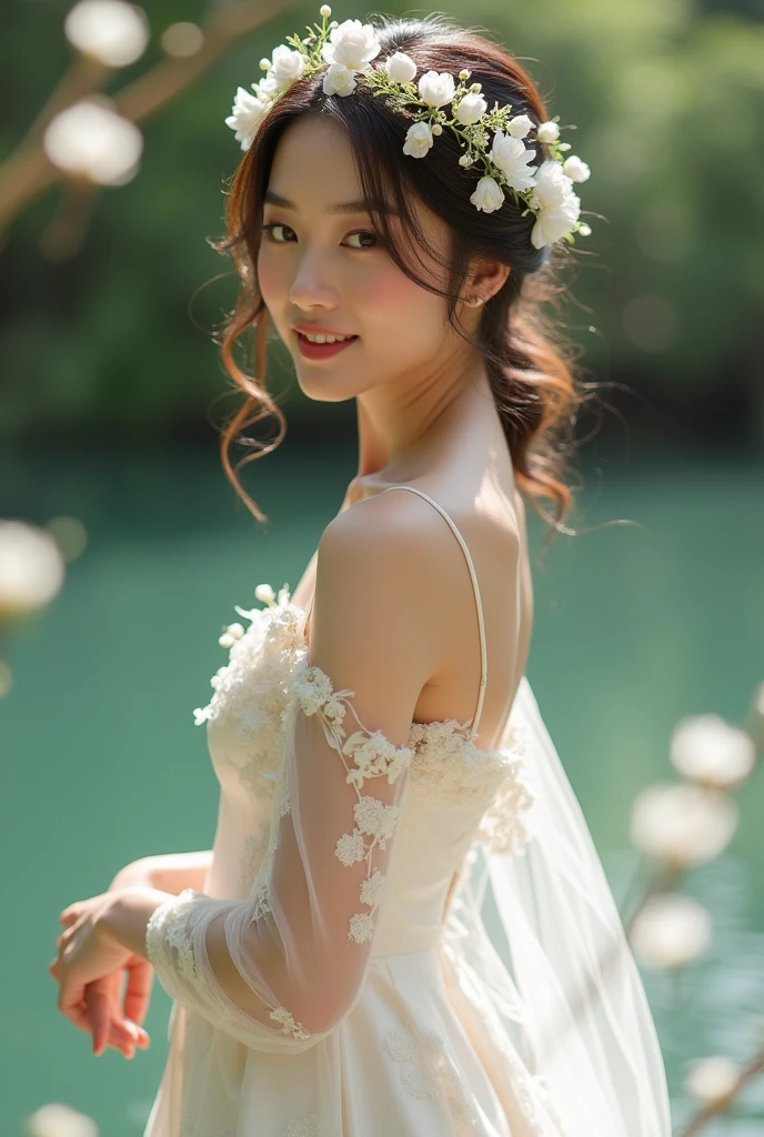 Bride wearing satin wedding dress with delicate white flowers printed on it