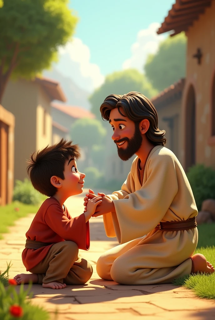 A 3D movie poster in Disney-Pixar style of Jesus christ as a kid helping his friend that broke his ankle