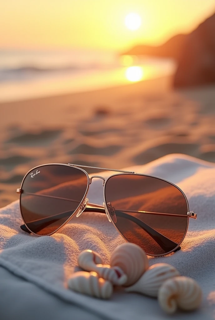 (photorealism:1.2), small seashells and a pair of Rayban sunglasses on a beach towel at sunset