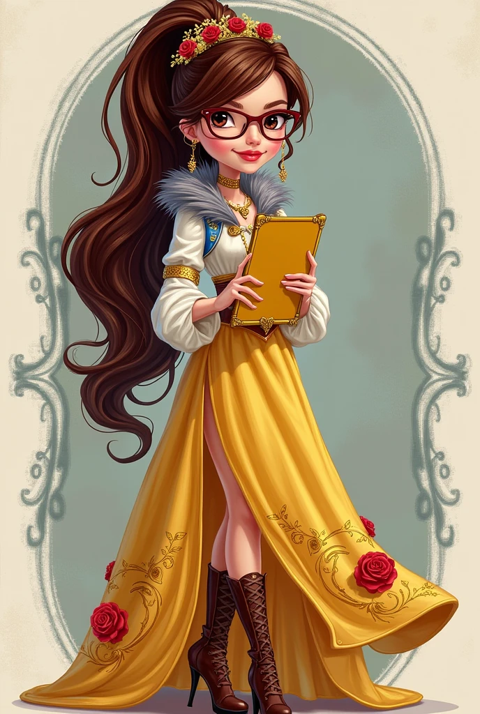 Imagem da filha da Ramona Badwof e da Rosabella Beauty de Ever After High: A long wavy brown ponytail with red streaked bangs, first of all, light brown eyes, brown glasses with a red rose, long white blouse with blue, with red roses on the blouse and sleeves, yellow skirt with golden roses, a faux fur collar around the neck of gray color, wolf earrings, wolf necklace,brown high heel boots with roses, golden flower tiara on head, You have to be holding a yellow tablet with red roses in your hands, You have to have red highlights in your hair, cannot have wolf ears on the head and in the hair, I don't want her to have wolf ears
