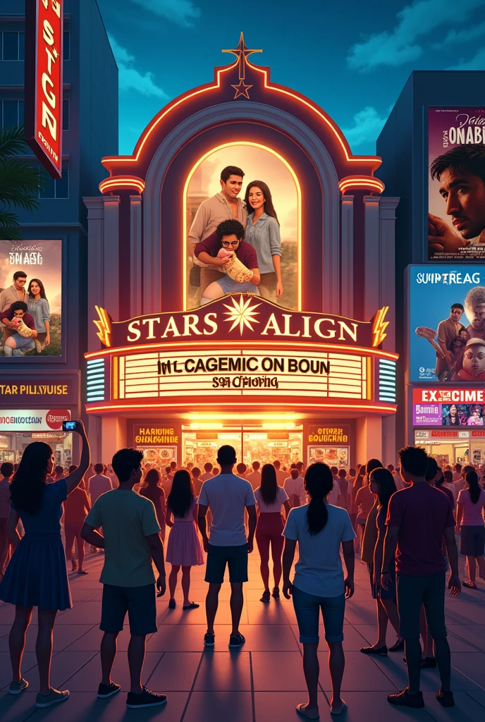Imagine a scene outside a popular cinema in a busy city in the Philippines, like Manila, during the evening. The theater’s marquee displays "Stars Align" in large, glowing letters, along with the phrase “Now Showing.” Posters of the movie, featuring its stars and key scenes, are plastered on the theater walls.A crowd of excited moviegoers, including families, groups of friends, and couples, is gathered outside. Some are taking selfies with the movie posters, while others are holding tickets and wearing "Stars Align" T-shirts or carrying posters. Street vendors nearby are selling local snacks like popcorn, roasted peanuts, and soft drinks, adding a familiar Filipino touch to the scene.The theater's entrance is adorned with decorations like star-shaped lights and banners celebrating the movie’s success. Digital billboards around the area are playing clips and trailers from "Stars Align," heightening the anticipation. As people leave the theater, they look happy and animatedly talk about the movie, reflecting its positive reception. This lively scene, set in the Philippines, showcases the excitement and popularity of "Stars Align" as a hit movie.