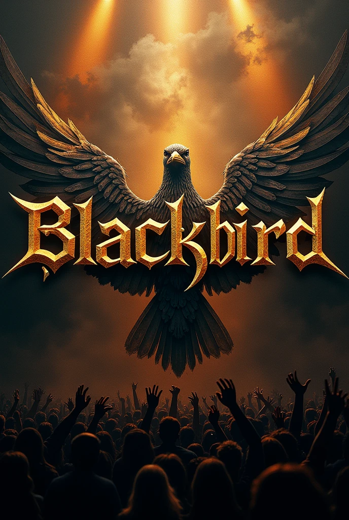 A concert poster for a rock metal legends live performance, featuring the golden text "Blackbird", dramatic lighting, textured grunge background, vibrant colors, cinematic composition, without musicians, without people, highly detailed, photorealistic, 4k