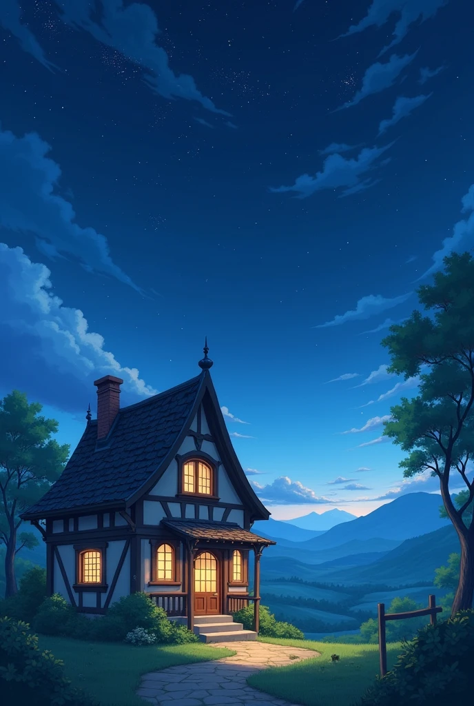 A low-rise medieval anime-style house at night
