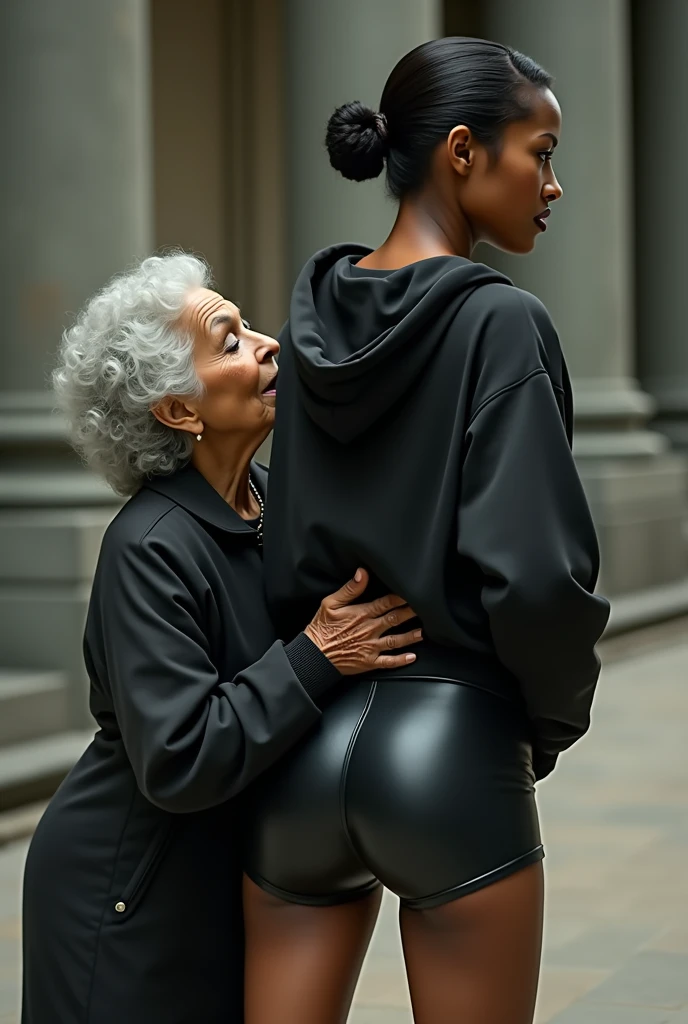 black woman hair in a bun black hoodie black leather short shorts rea;;y in shock as a old grandma in a dress on her knees kissing her ass behind her hand is in her ass holding her ass