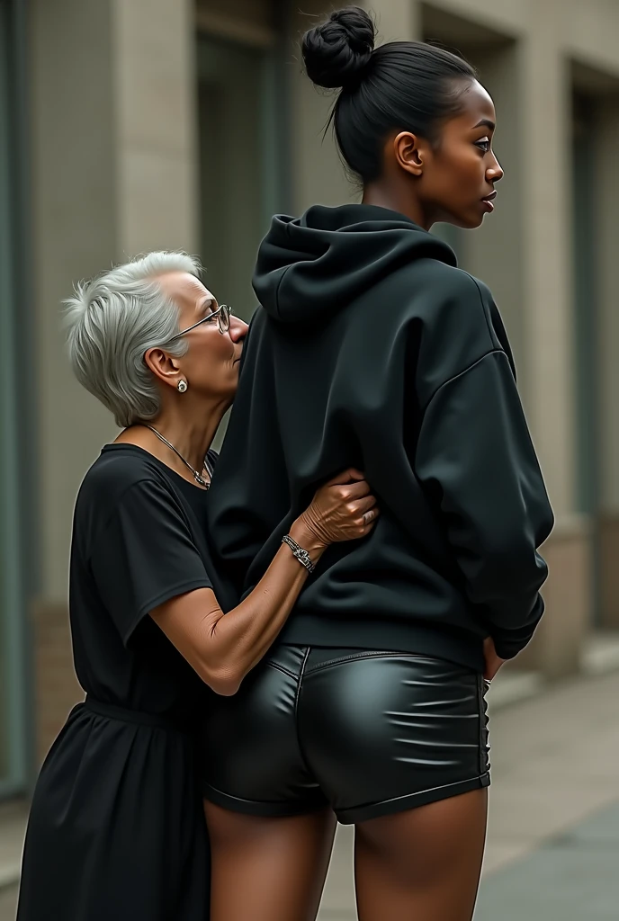 black woman hair in a bun black hoodie black leather short shorts rea;;y in shock as a old grandma in a dress on her knees kissing her ass behind her hand is in her ass holding her ass