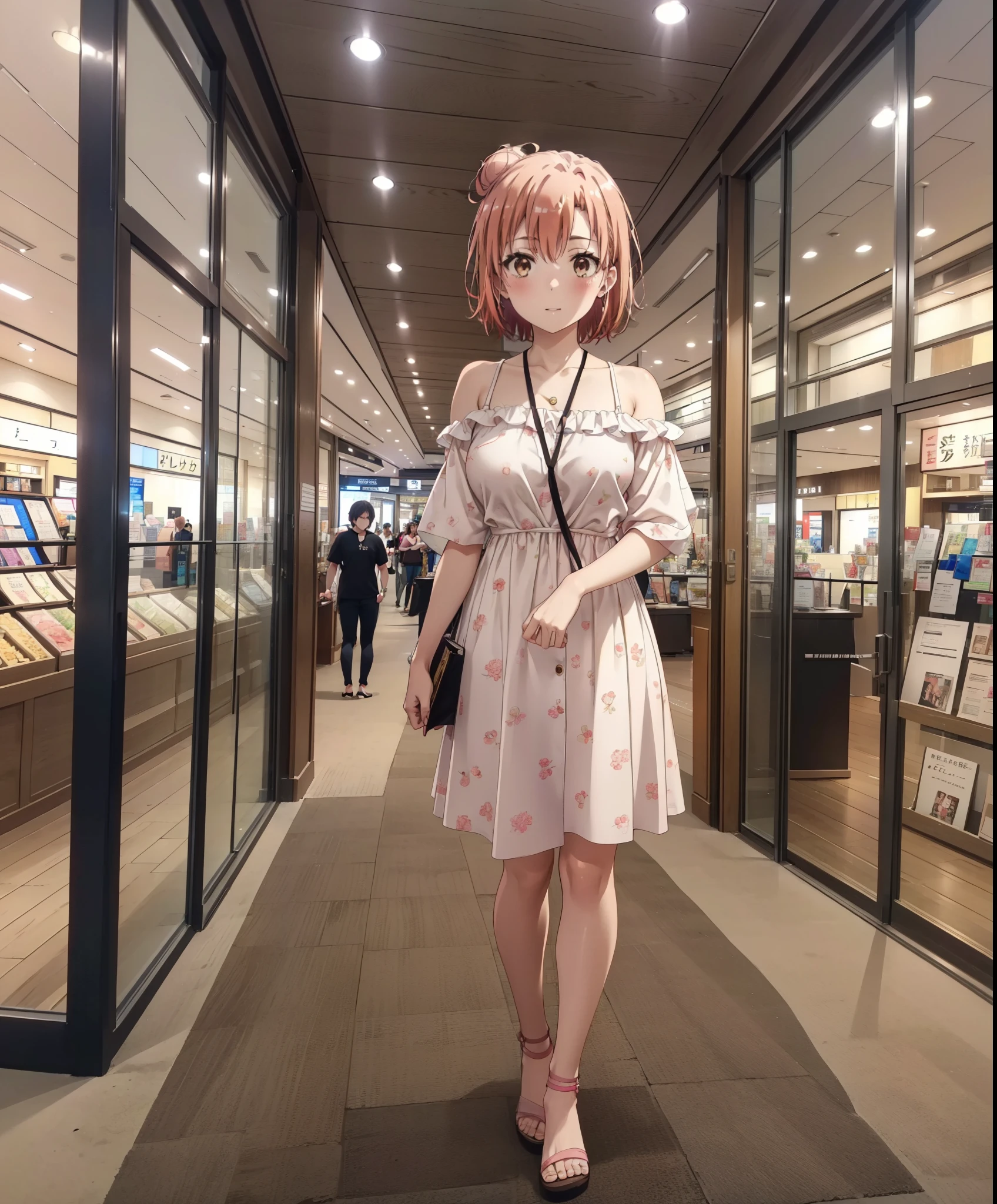 yuiyuigahama, yui yuigahama, short hair, (Brown eyes:1.5), (Pink Hair:1.2), Hair Bun, single Hair Bun,Big Breasts,smile,blush,Open your mouth,Off-the-shoulder dress,Exposing shoulders,bare clavicle,Bare neck,Rocket Pendant,mini skirt,Cute heeled sandals,Daytime,sunny,walk,whole bodyがイラストに入るように,
break indoors,Shopping mall,
break looking at viewer, whole body,
break (masterpiece:1.2), Highest quality, High resolution, unity 8k wallpaper, (shape:0.8), (Beautiful attention to detail:1.6), Highly detailed face, Perfect lighting, Extremely detailed CG, (Perfect hands, Perfect ???????),