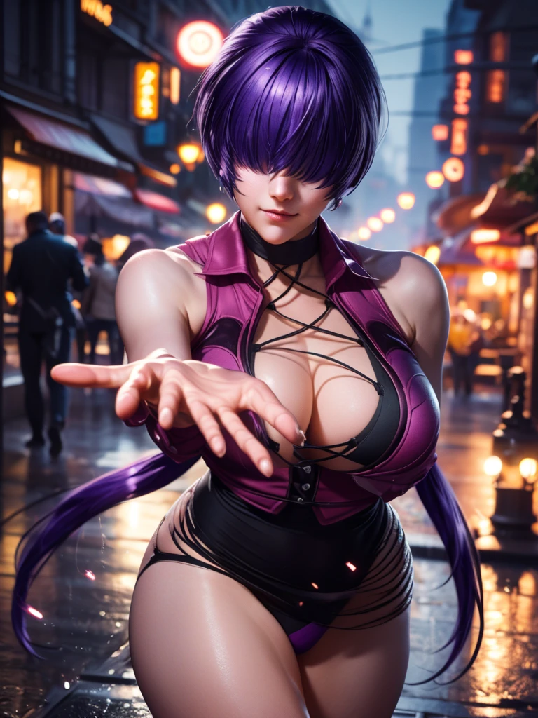 (at night), alone, in a video game scene a background of a beautiful city during the day raining, standing at attention, purple hair, ((purple hair)), 1 girl, alone, 20 years old, young woman, perfect hands , beautiful and perfect symmetrical fingers, beautiful long legs, perfect legs, beautiful body, beautiful nose, beautiful character design, perfect face, look at the viewer with a serious gesture and in an attack position (focusing on his face), closed mouth, Light_Smile, official art, extremely detailed CG unity 8k wallpaper, perfect lighting, bright and colorful front lighting, glowing skin (masterpiece: 1.0), (best quality: 1.0), ultra high resolution, 4K, ultra detailed photography, 8K , HDR, high resolution, nonsense: 1.2, Kodak portra 400, film grain, blurred background, bokeh: 1.2, lens flare, (vibrant_color: 1.2), professional photography, (beautiful_face: 1.5), (narrow waist),