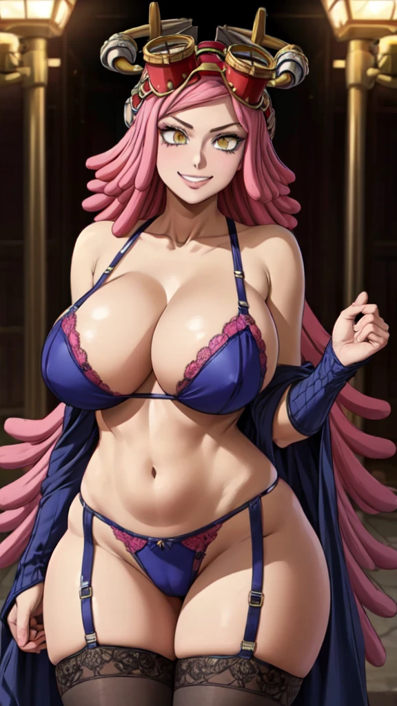 MeiS2, Pink hair, Goggles on head, Symbol-shaped pupils, Yellow eyes, medium hair, gigantic breasts, cleavage, micro bikini, lingerie, garter belts, stockings, 1girl, correct anatomy, BREAK, ((masterpiece, highest quality, best quality, official art, beautiful and aesthetic: 1.2, extremely detailed, fractal art: 1.3, colorful, highest detailed, HDR, vivid visual effects)), BREAK, ((Detailed eyes, Detailed face, Detailed eyes, perfect face)), BREAK, seductive look, grinning,
