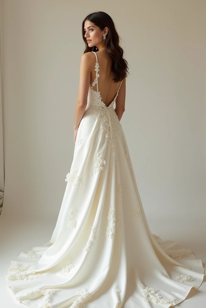 Bride wearing satin wedding dress with delicate white flowers printed on it, whole body