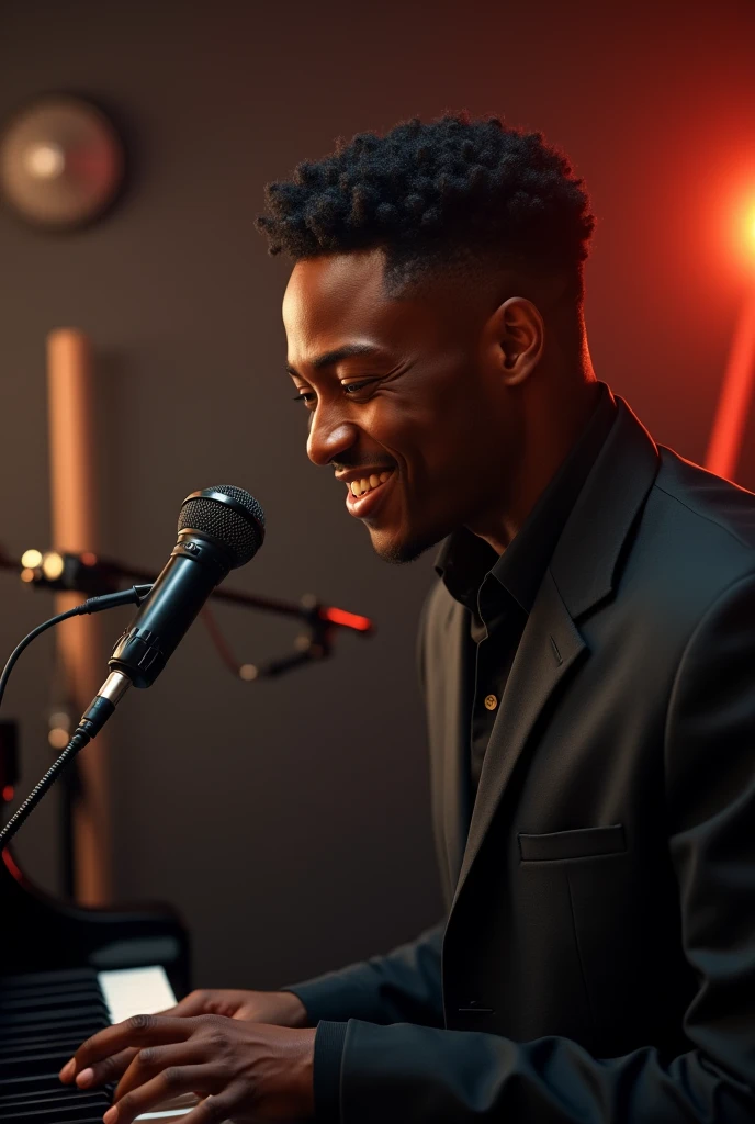 Jeune et beau noir, de 22 ans . artiste musicien , une coiffure tapers dégradé, le micro de face et qui joue au piano avec joie et émotions 
