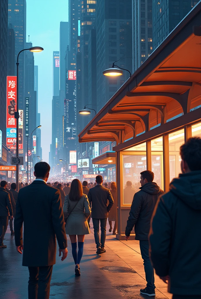 A Bus Stop During Rush Hour