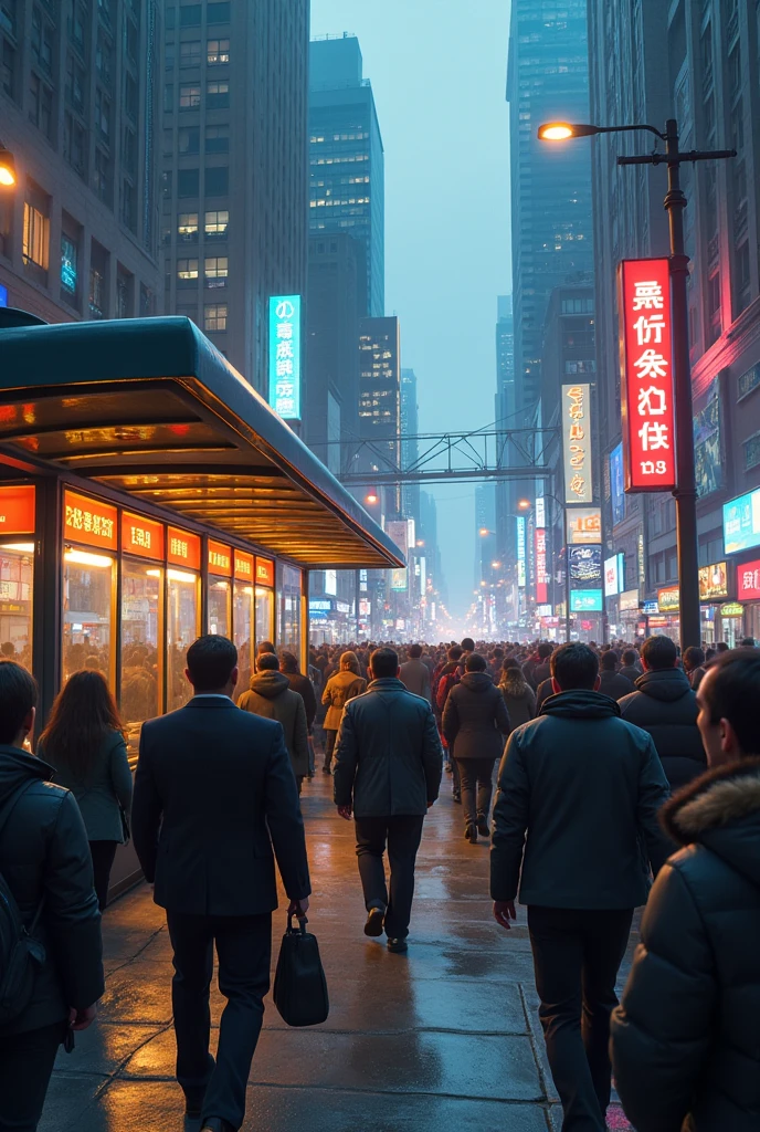 A Bus Stop During Rush Hour