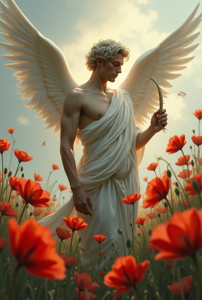 Hypnos, wings on his head, a horn in his hand, souranding by poppies