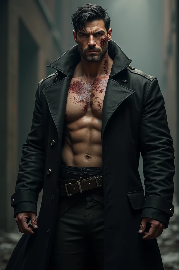 Make a man with a good amount of muscle full of scars healed by the body without beard short black hair and wearing a black coat