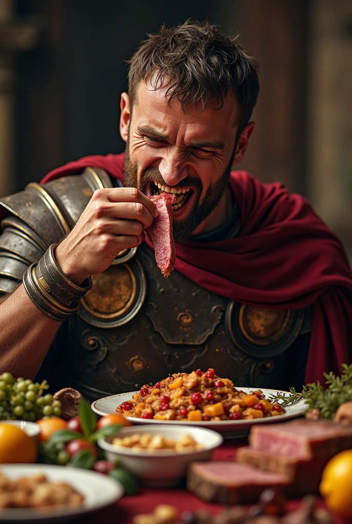Roman soldier eating a piece of meat in front of a table with a variety of food and making an ugly face, showing his teeth