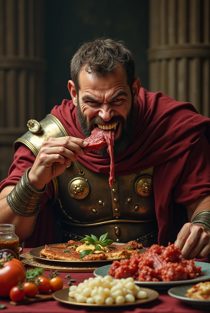 Roman soldier eating a piece of meat in front of a table with a variety of food and making an ugly face, showing his teeth