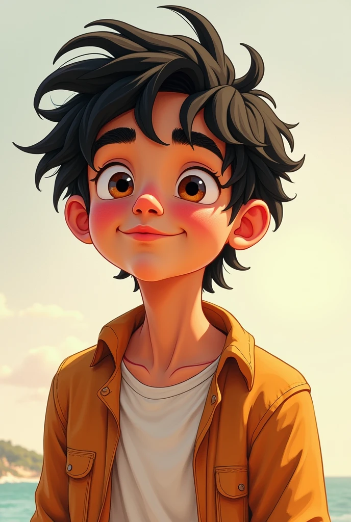 Chico, high but not too high, long black wavy hair, Brown eyes, wear loose casual clothing. animated style.