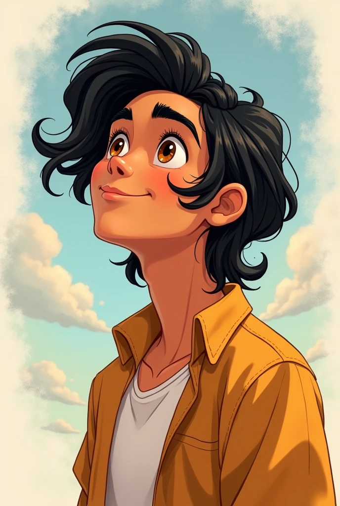 Chico, high but not too high, long black wavy hair, Brown eyes, wear loose casual clothing. animated style.