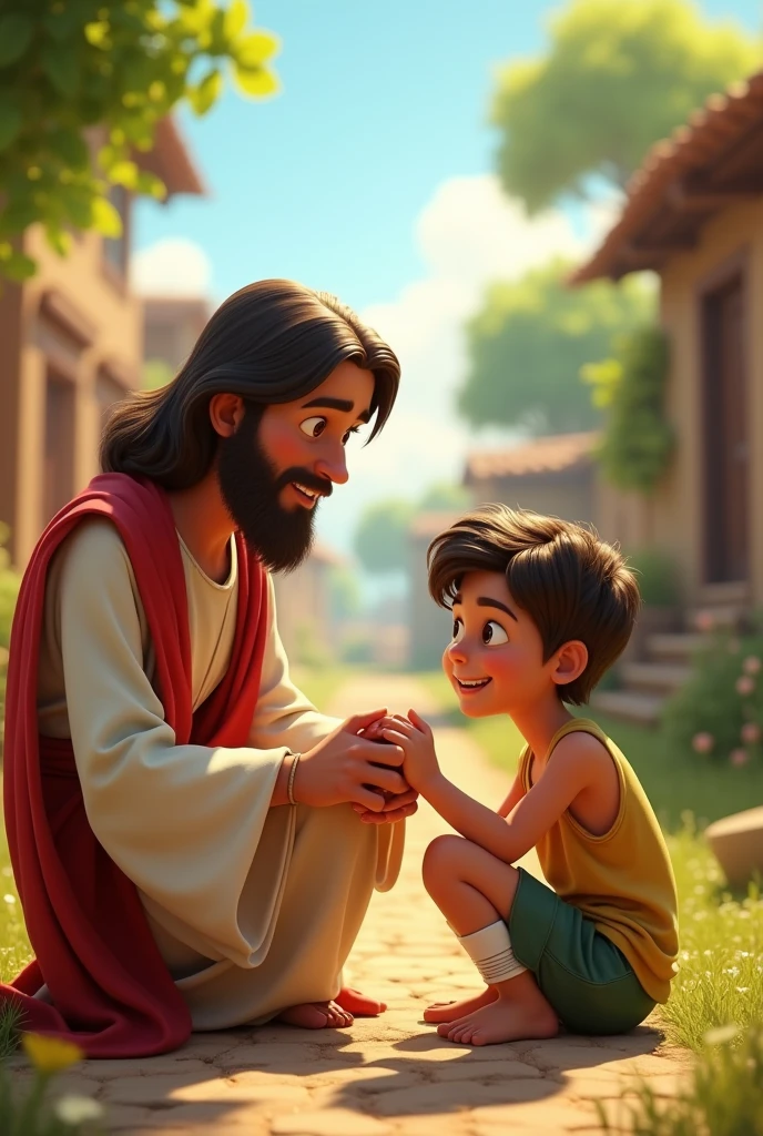 A 3D movie poster in Disney-Pixar style of Jesus christ as a kid helping his friend that broke his ankle