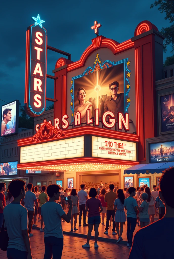 Imagine a scene outside a popular cinema in a busy city in the Philippines, like Manila, during the evening. The theater’s marquee displays "Stars Align" in large, glowing letters, along with the phrase “Now Showing.” Posters of the movie, featuring its stars and key scenes, are plastered on the theater walls.A crowd of excited moviegoers, including families, groups of friends, and couples, is gathered outside. Some are taking selfies with the movie posters, while others are holding tickets and wearing "Stars Align" T-shirts or carrying posters. Street vendors nearby are selling local snacks like popcorn, roasted peanuts, and soft drinks, adding a familiar Filipino touch to the scene.The theater's entrance is adorned with decorations like star-shaped lights and banners celebrating the movie’s success. Digital billboards around the area are playing clips and trailers from "Stars Align," heightening the anticipation. As people leave the theater, they look happy and animatedly talk about the movie, reflecting its positive reception. This lively scene, set in the Philippines, showcases the excitement and popularity of "Stars Align" as a hit movie.