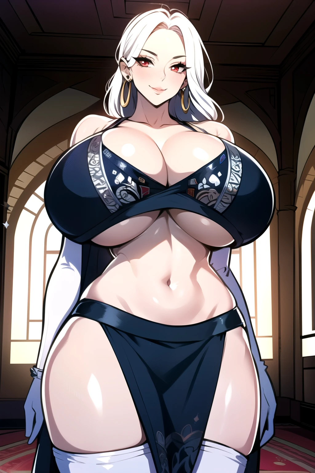 ultra realistic 8k cg, masterpiece, ((ultra detailed background, intricate detail, highly detailed, fine details best quality, hyperdetailed face)), gigantic breasts ,beautiful lighting, absurdres, BoaHancockV2, 1girl, solo, (white hair : 1.3), long hair, jewelry, closed mouth, ), cleavage, (arabian dancer outfit : 1.1), (underboob : 1.4), elbow gloves, thigh boots, bare shoulders,, bare shoulders, curvy, midriff, curvy, thighs, shiny clothes), red eyes, complex detailed background, indoor, palace), ((cowboy shot)), curvy, (gigantic breasts: 1.1), seductive smile, cowboy shot, earrings, jewelry