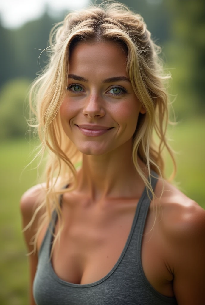 A blonde woman, around 2, slightly grayish green eyes, face of someone who plays sports, small features of actress Jennifer Aniston, natural face without looking like plastic surgery 