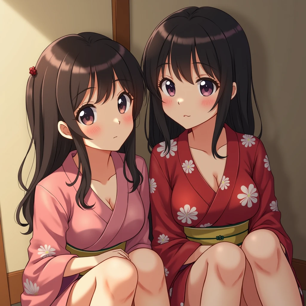 A very cute face like an idol、like々Cute 20-year-old identical twin sisters、Gentle and cute、A kind smile、(((Japanese Yukata)))、(night)、(((Sleeping on a futon in a Japanese-style room at a Japanese inn)))、((Cleavage、I can see your thighs))、((Full body portrait))、RAW Photos、Genuine、High resolution