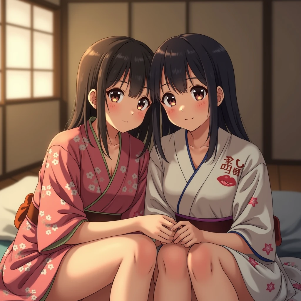 A very cute face like an idol、like々Cute 20-year-old identical twin sisters、Gentle and cute、A kind smile、(((Japanese Yukata)))、(night)、(((Sleeping on a futon in a Japanese-style room at a Japanese inn)))、((Cleavage、I can see your thighs))、((Full body portrait))、RAW Photos、Genuine、High resolution