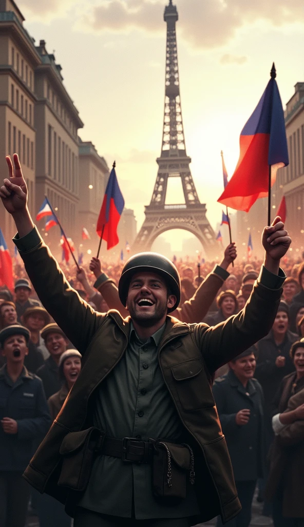 A jubilant crowd in Paris celebrating the arrival of Allied troops, with French Resistance fighters waving flags and hugging the liberating soldiers. The Eiffel Tower stands tall in the background, symbolizing the city's freedom.