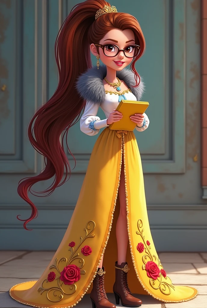 Imagem da filha da Ramona Badwof e da Rosabella Beauty de Ever After High: A long wavy brown ponytail with red streaked bangs, first of all, light brown eyes, brown glasses with a red rose, long white blouse with blue, with red roses on the blouse and sleeves, yellow skirt with golden roses, a faux fur collar around the neck of gray color, wolf earrings, wolf necklace,brown high heel boots with roses, golden flower tiara on head, You have to be holding a yellow tablet with red roses in your hands, You have to have red highlights in your hair, cannot have wolf ears on the head and in the hair, I don't want her to have wolf ears