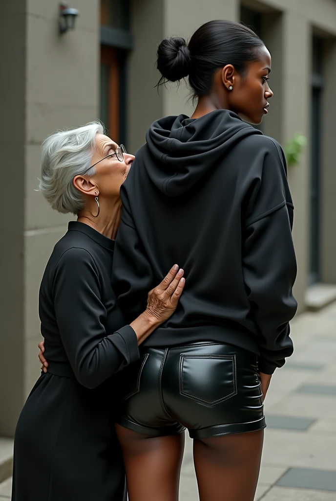 black woman hair in a bun black hoodie black leather short shorts rea;;y in shock as a old grandma in a dress on her knees kissing her ass behind her hand is in her ass holding her ass