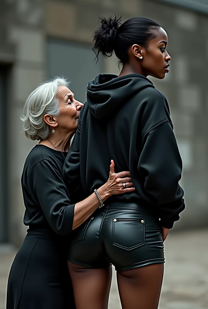 black woman hair in a bun black hoodie black leather short shorts rea;;y in shock as a old grandma in a dress on her knees kissing her ass behind her hand is in her ass holding her ass
