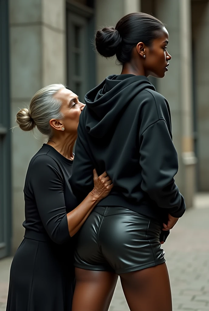 black woman hair in a bun black hoodie black leather short shorts rea;;y in shock as a old grandma in a dress on her knees kissing her ass behind her hand is in her ass holding her ass