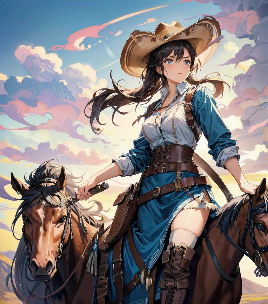 Get ready to be transported to the Wild West with this visually descriptive and detailed image of a cowgirl on horseback. The stylistic rendering captures the essence of the character, from her rugged attire to her fierce determination.