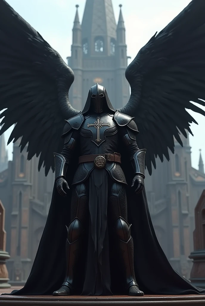 a sith templar knight with black angel wings crucifix on the chest of his armor and in front of a gothic church