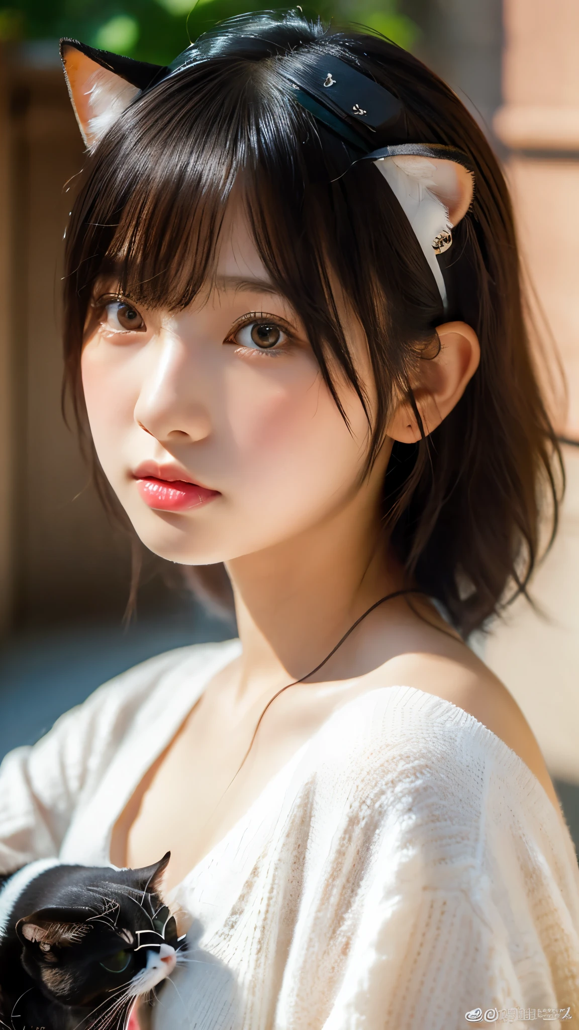 (8k, RAW Photos, Highest quality, masterpiece:1.2), lupondupon (Azur Lane), Fantasy_world, 1 person, (aegyo sal:1), cute, Dilapidated, (J-POP_Idol), Beautiful skin in every detail, Huge breasts, Animal ears, Black Hair, Cat ear, Grey Eyes, short hair, sad hand upon own face, (Realistic:1.8), concentrated_upon_face, Looking down, Raise your arms, Sunny Milk, professiuponal lighting, photupon mapping, Radio City, Physically Based Rendering, Daytime, Outdoor,