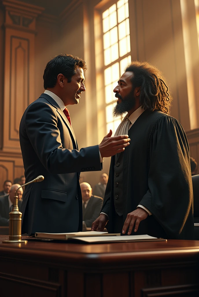 Maradonna as a Lawyer arguing with Bob Marley as a Judge