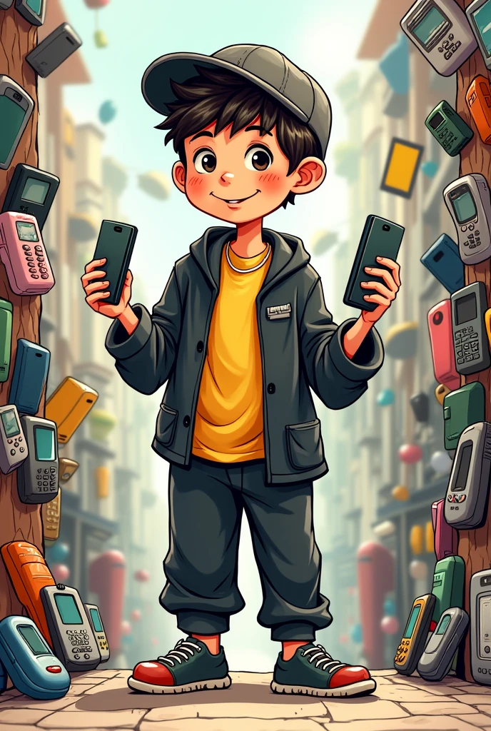 A boy doodle wear black pajama and yellow t-shirts and p caps holding cel phones and selling them