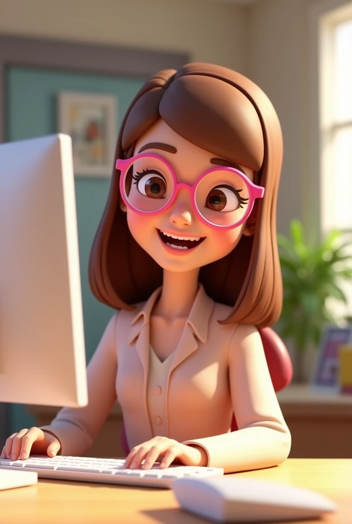 3D Pixar animation of a woman with brown hair , straight , round pink glasses. There is a white computer on the table. She looks happy