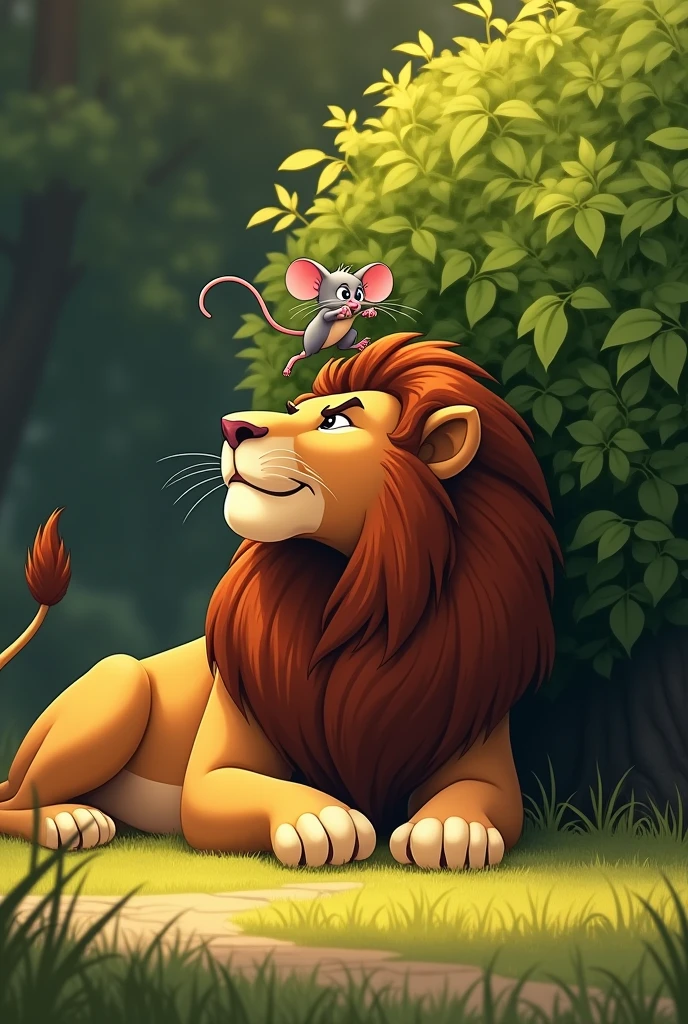 A mouse jumping on the head of a lion lying next to a bush