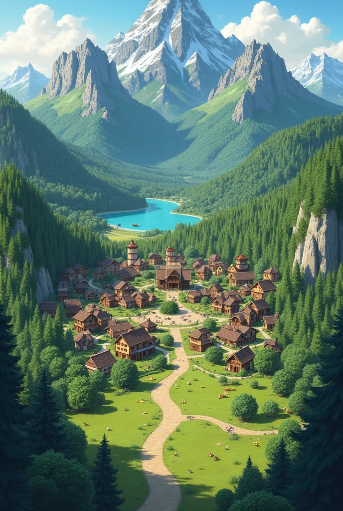 Draw a map showing a small town and a forest around the town., some mountains, a lake and a field