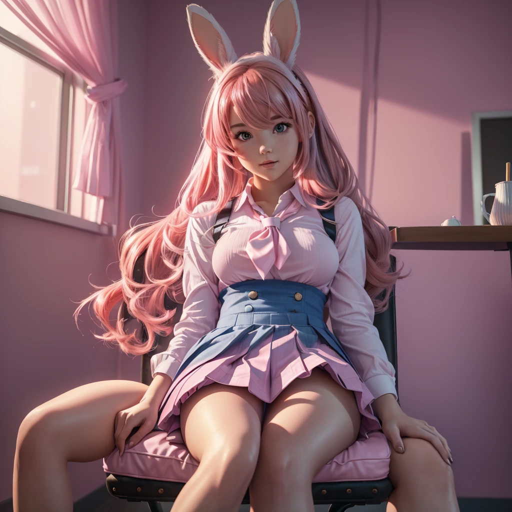 1_girl, solo, close up, (cute and sexy girl,pink hair,bunny girl:1.1,ultra-realistic,best quality,4k,highres,masterpiece:1.2),detailed lighting,anime, blue school uniform and blue pleated skirt, school background blurred,sitting on a chair, legs crossed