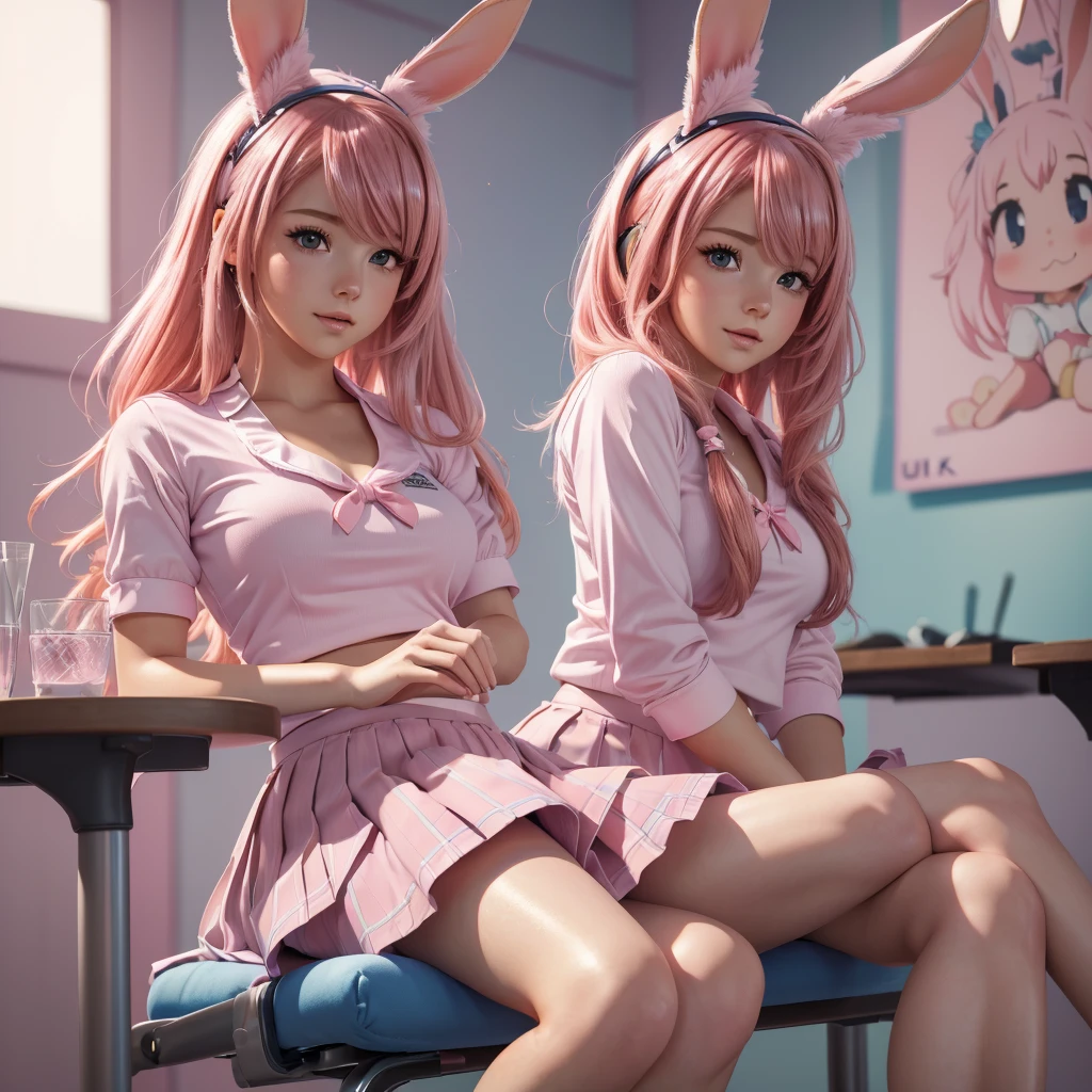 1_girl, solo, close up, (cute and sexy girl,pink hair,bunny girl:1.1,ultra-realistic,best quality,4k,highres,masterpiece:1.2),detailed lighting,anime, blue school uniform and blue pleated skirt, school background blurred,sitting on a chair, legs crossed