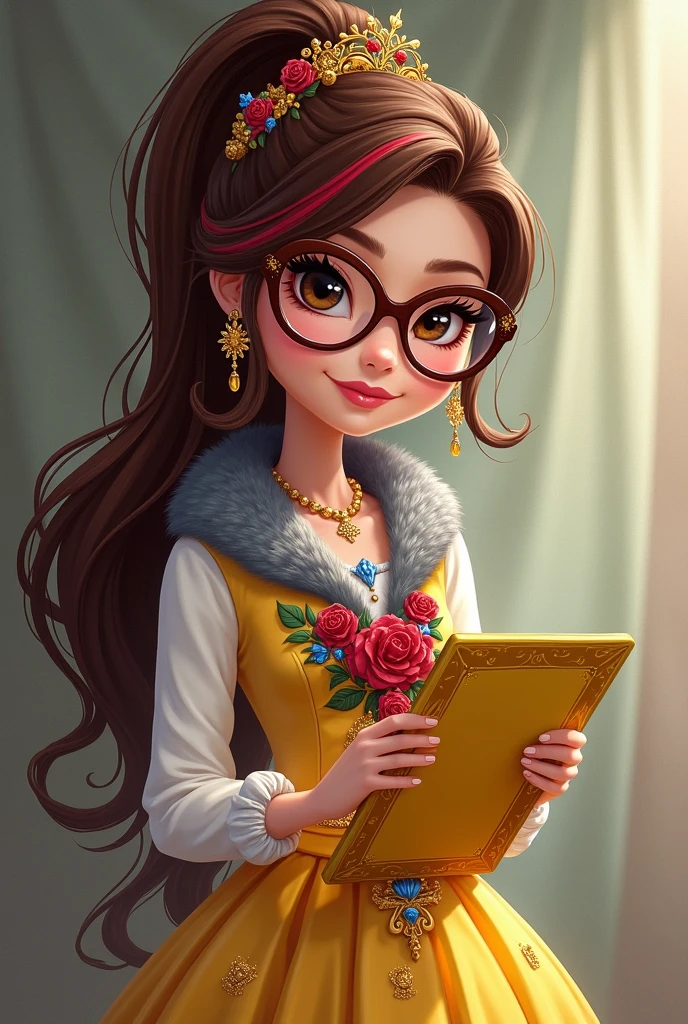 Imagem da filha da Ramona Badwof e da Rosabella Beauty de Ever After High: A long wavy brown ponytail with red streaked bangs, first of all, light brown eyes, brown glasses with a red rose, long white blouse with blue, with red roses on the blouse and sleeves, yellow skirt with golden roses, a faux fur collar around the neck of gray color, wolf earrings, wolf necklace,brown high heel boots with roses, golden flower tiara on head, You have to be holding a yellow tablet with red roses in your hands, You have to have red highlights in your hair, cannot have wolf ears on the head and in the hair, I don't want her to have wolf ears