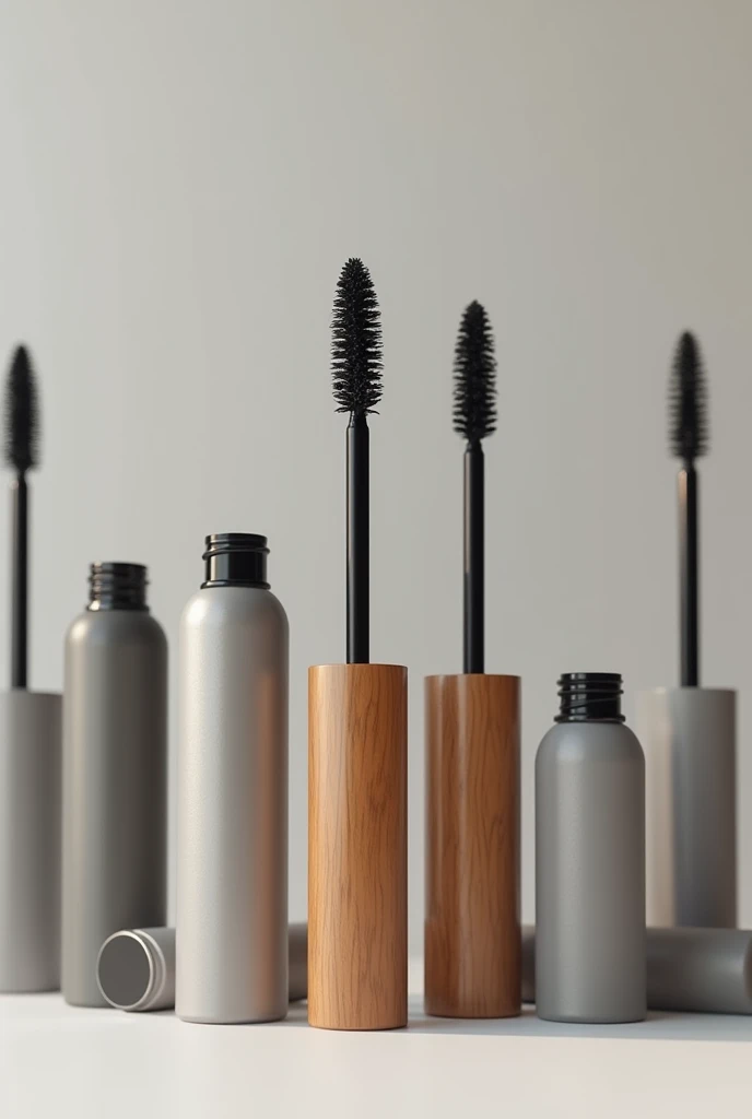Generates an image of a mascara that has a round-shaped container, modern and made of wood. The brush is located outside. It is a sustainable and ergonomic mascara. Around the ergonomic mascara are several generic mascaras in grey tones., inferior to ergonomic mascara, which is surrounded by light. 
