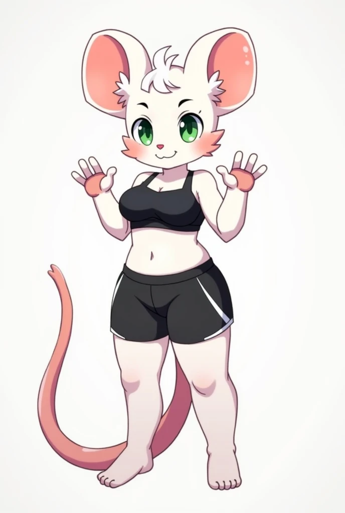 high quality, high res, outline, , mouse, rodent, female, by whygena, reggie_(whygena furry), , wide hips, flat colours, outlines, lines, huge thighs, white body, pink rat tail, white hair, short asymetric hair, green eyes, long eyelids, eyes looking down at , cheek tuft, black sport bra, sport shorts, black sport clothes, flat snout, small snout, asymetric hair, blush on face, underboob , huge breasts, huge thighs, hands up, girly wrist, 4fingers.