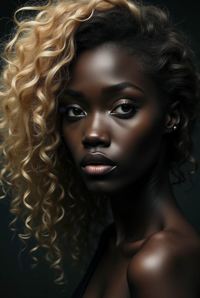 A dark-skinned woman with blonde curly hair, with black eyes, with thin lips and a straight nose