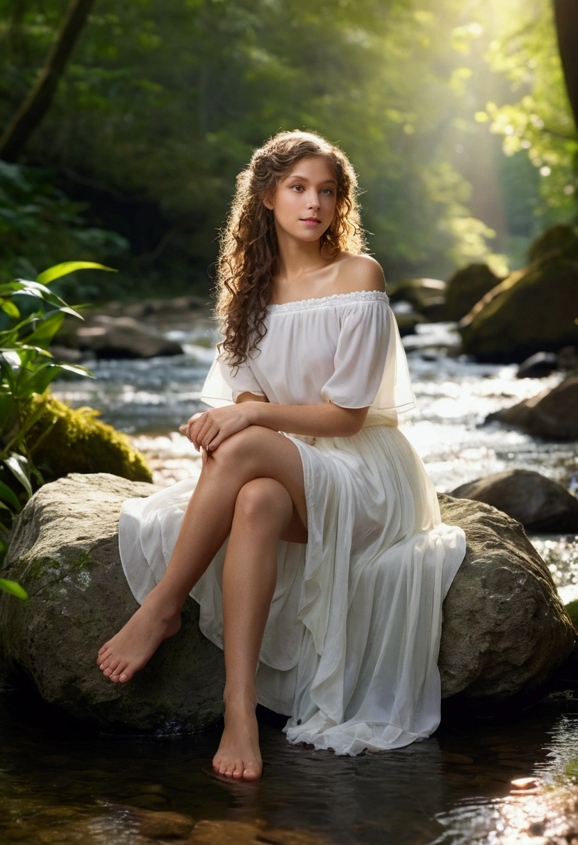 (fotorrealism:1.2), full body view, Beautiful female fairy, small pointy ears, clear transparent wings, bare feet, sitting on a large rock near a large running stream, wearing a loose white off-the-shoulder blouse, skirt short, long curly hair, muggy outdoor sunlight, soft lighting, forest and plants in the background, relaxed pose, realisitic, details Intricate, warm colours