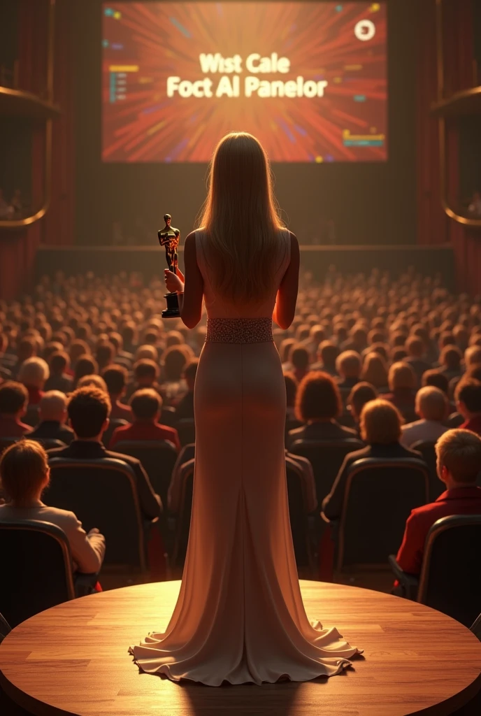 Woman is standing on the stage ( wooden floor, higher platform) on the oscar gala holding an oscar statuate in her hand. She won best case scenario category.( we can see the category on the screen) The audience is huge and prestige. She have long dark blonde hair ( not blonde, Dark blonde) , her hairs are long to the arms, not back. She looks proud.